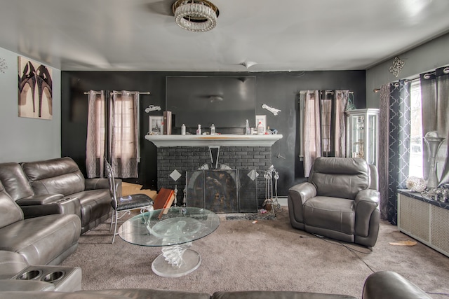 carpeted living room featuring a brick fireplace