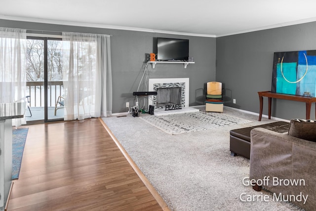 living room featuring ornamental molding and hardwood / wood-style floors