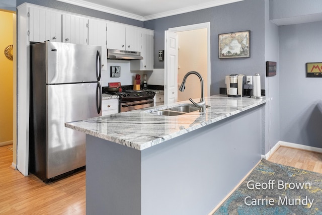 kitchen with sink, crown molding, appliances with stainless steel finishes, light stone countertops, and light hardwood / wood-style floors