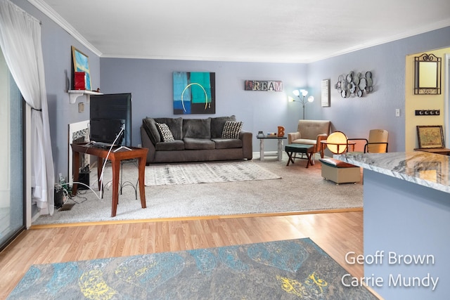 living room featuring hardwood / wood-style flooring and ornamental molding