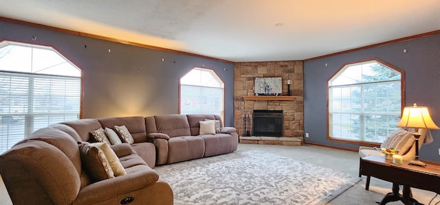 living room with baseboards, light carpet, a stone fireplace, and crown molding