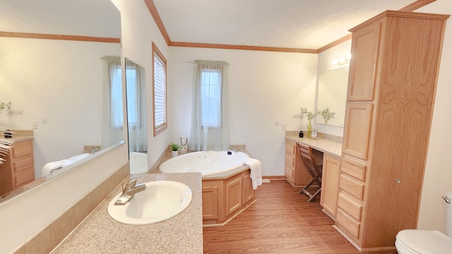 full bathroom with two vanities, wood finished floors, crown molding, and a sink