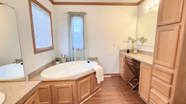 bathroom featuring ornamental molding, vanity, a garden tub, and wood finished floors