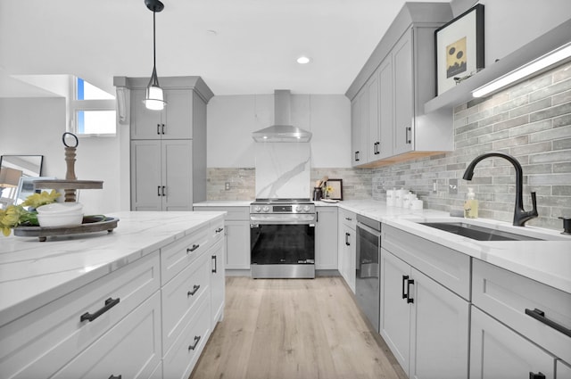 kitchen featuring a sink, wall chimney range hood, appliances with stainless steel finishes, backsplash, and light wood finished floors