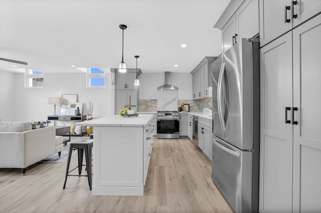 kitchen with gray cabinetry, stainless steel appliances, open floor plan, decorative backsplash, and wall chimney exhaust hood