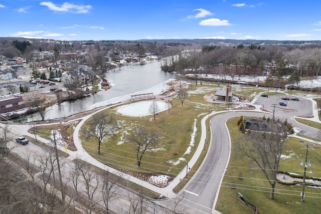 drone / aerial view featuring a water view