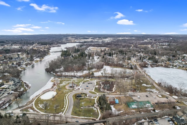 aerial view featuring a water view