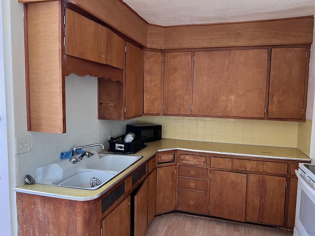 kitchen featuring sink, white electric range, light hardwood / wood-style floors, and decorative backsplash