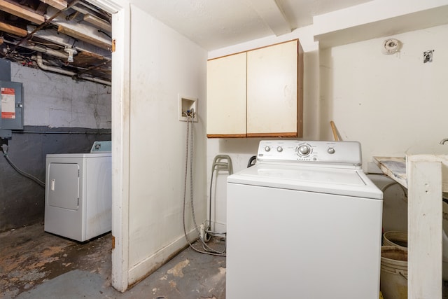 washroom featuring electric panel, laundry area, and washer and dryer