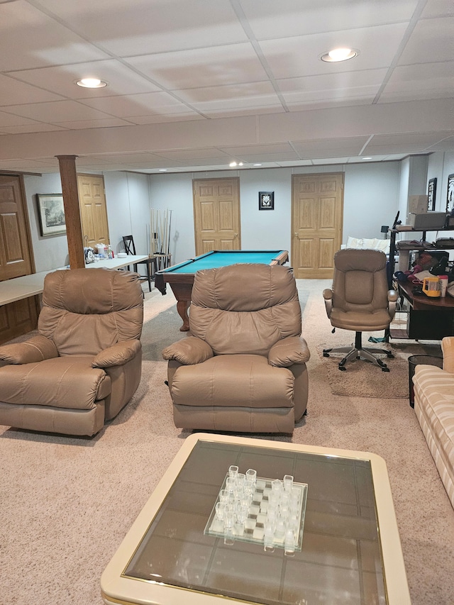 rec room featuring a paneled ceiling, carpet, and pool table