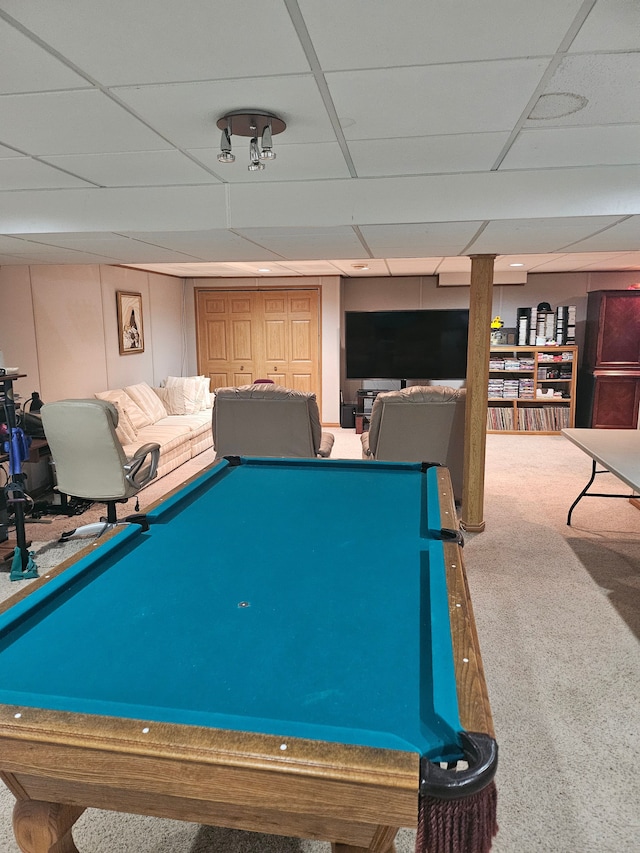 recreation room featuring carpet flooring, pool table, and a paneled ceiling