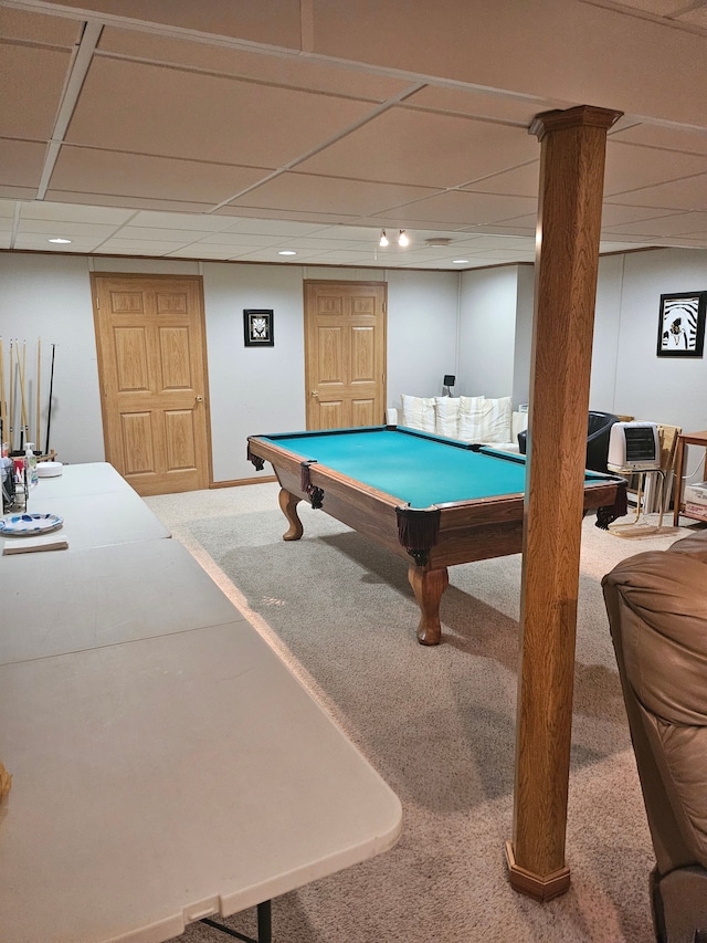 game room with a paneled ceiling, billiards, and carpet flooring