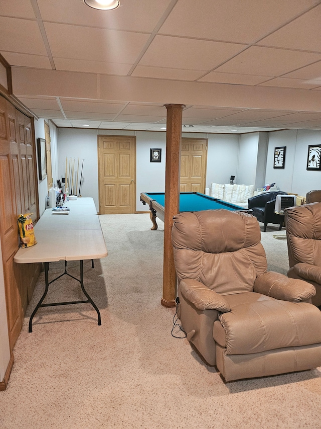 game room with billiards, a paneled ceiling, and light colored carpet