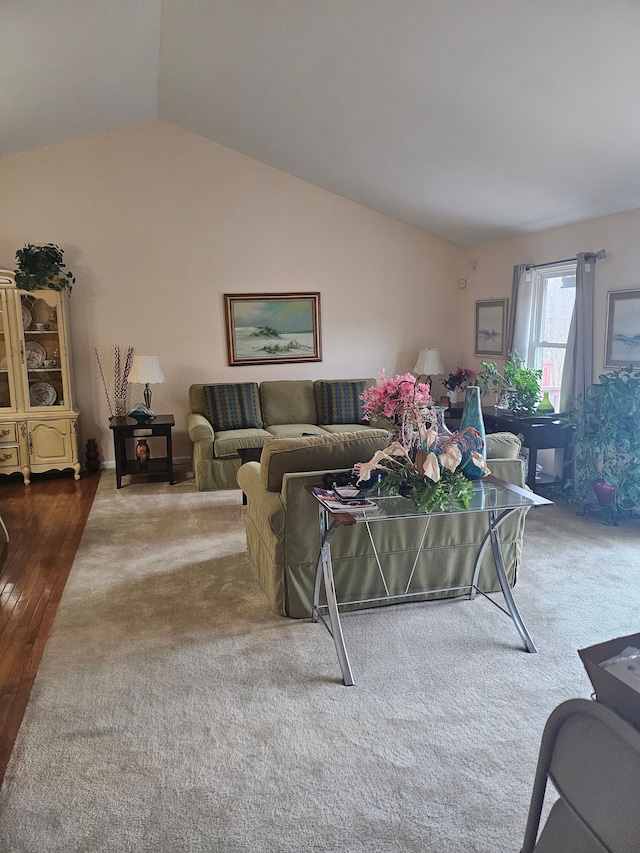 living room featuring hardwood / wood-style flooring and lofted ceiling