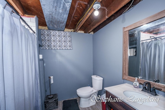 full bathroom featuring toilet, vanity, and curtained shower