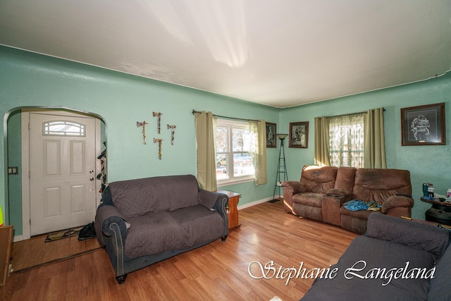 living area featuring arched walkways, wood finished floors, a wealth of natural light, and baseboards