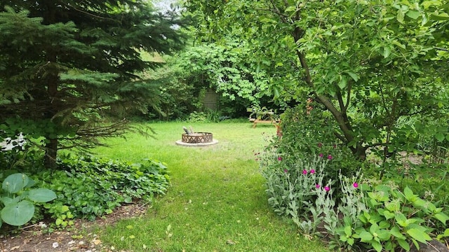 view of yard featuring an outdoor fire pit