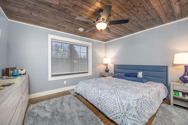 bedroom with wood ceiling, ceiling fan, ornamental molding, and dark hardwood / wood-style floors