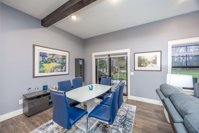 dining room featuring beamed ceiling and dark hardwood / wood-style floors