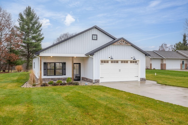 modern farmhouse style home with a garage and a front yard