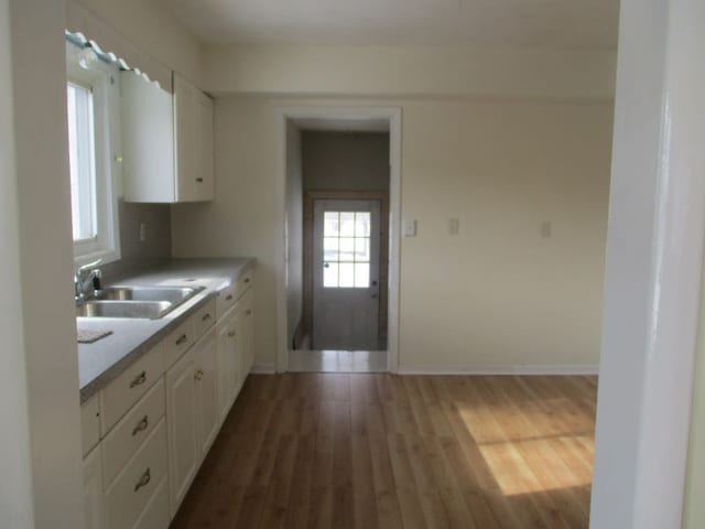 kitchen with white cabinetry, sink, and wood-type flooring