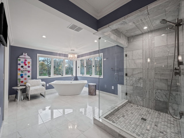 full bath featuring a notable chandelier, visible vents, a freestanding bath, ornamental molding, and a stall shower