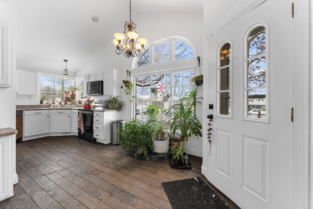 foyer with plenty of natural light, dark wood finished floors, and an inviting chandelier