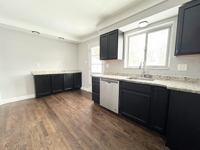 kitchen with a wealth of natural light, sink, dark hardwood / wood-style floors, stainless steel dishwasher, and decorative backsplash