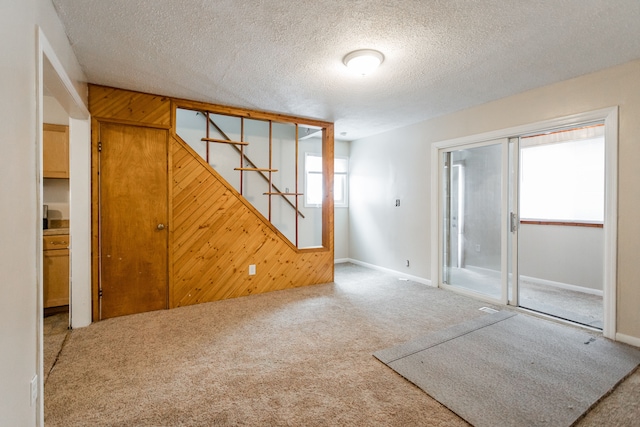 carpeted empty room featuring wood walls and a textured ceiling