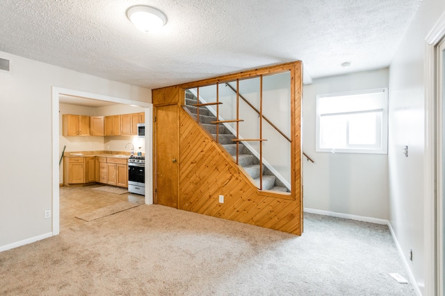 kitchen featuring appliances with stainless steel finishes, light brown cabinetry, a textured ceiling, light carpet, and sink