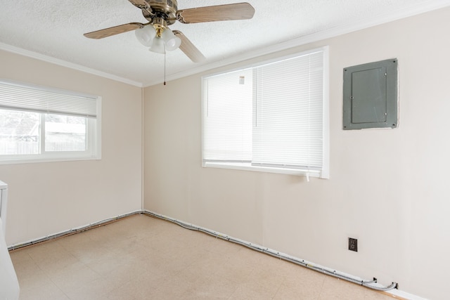 empty room featuring a textured ceiling, electric panel, crown molding, and ceiling fan