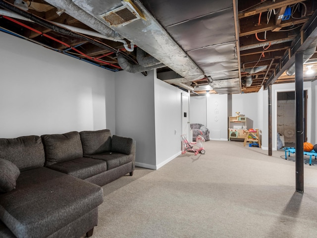 basement with carpet flooring