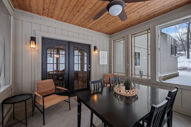6705 College Park, Clarkston, MI 48346 - dining area with french doors, wood-type flooring, ceiling fan, and wooden ceiling
