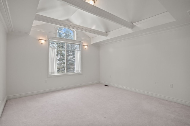 6705 College Park, Clarkston, MI 48346 - carpeted empty room featuring baseboards, vaulted ceiling with beams, and visible vents
