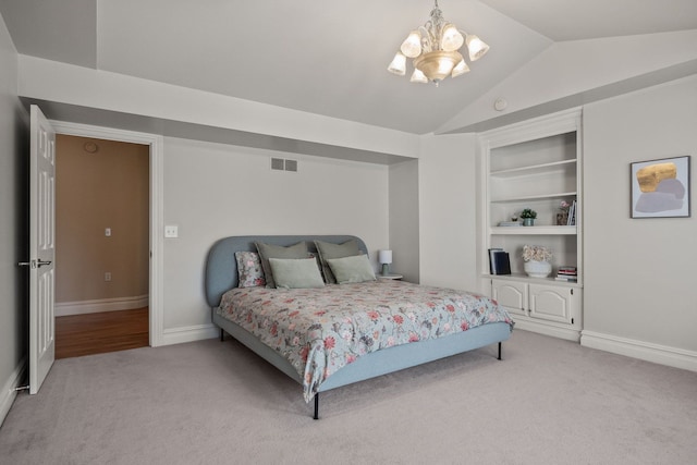 6705 College Park, Clarkston, MI 48346 - bedroom featuring baseboards, an inviting chandelier, vaulted ceiling, visible vents, and light colored carpet