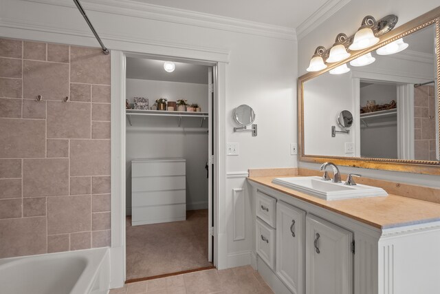 6705 College Park, Clarkston, MI 48346 - full bathroom with vanity, ornamental molding, tile patterned flooring, a spacious closet, and washtub / shower combination