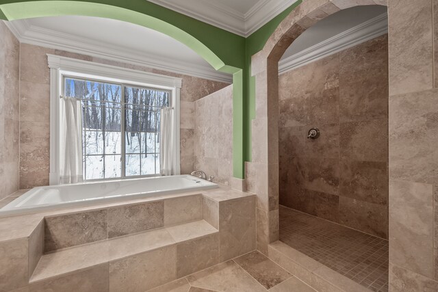 6705 College Park, Clarkston, MI 48346 - bathroom with a tile shower, a garden tub, and crown molding