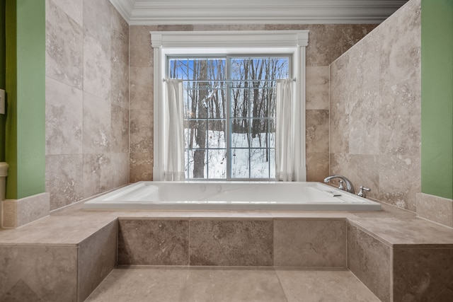 6705 College Park, Clarkston, MI 48346 - full bath with ornamental molding, tile walls, and a garden tub