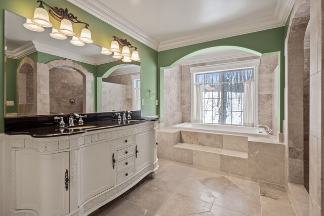 6705 College Park, Clarkston, MI 48346 - full bathroom with double vanity, a garden tub, a sink, and ornamental molding