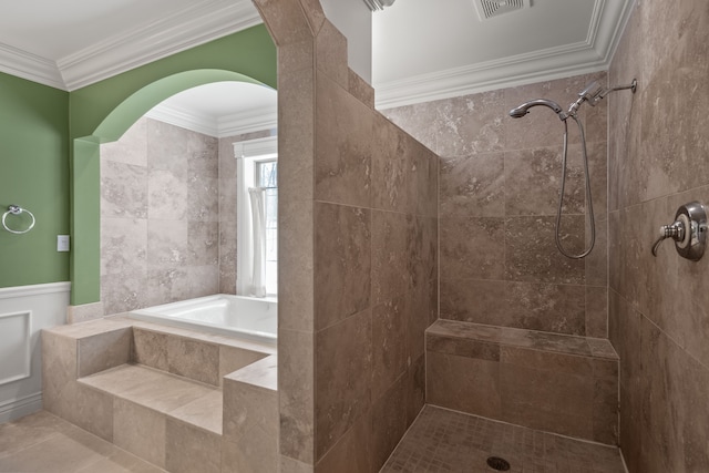6705 College Park, Clarkston, MI 48346 - bathroom with ornamental molding, tiled shower, visible vents, wainscoting, and a garden tub