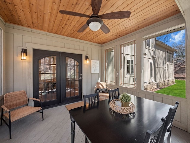 6705 College Park, Clarkston, MI 48346 - dining space with wooden walls, wood-type flooring, wooden ceiling, and a ceiling fan