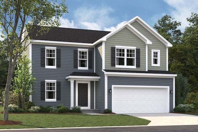 view of front facade with a garage and a front lawn