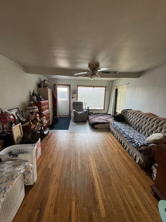 living room with wood-type flooring and ceiling fan