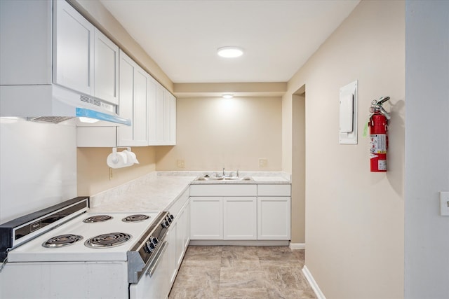 kitchen with white range with electric stovetop, light countertops, white cabinetry, a sink, and under cabinet range hood