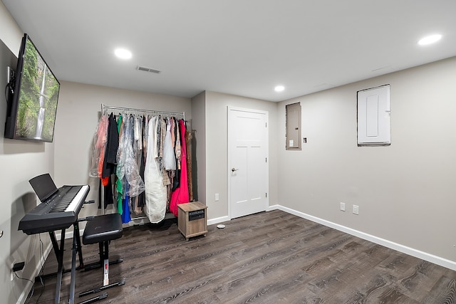 interior space with dark wood-type flooring and electric panel