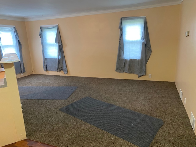 unfurnished room featuring carpet and ornamental molding