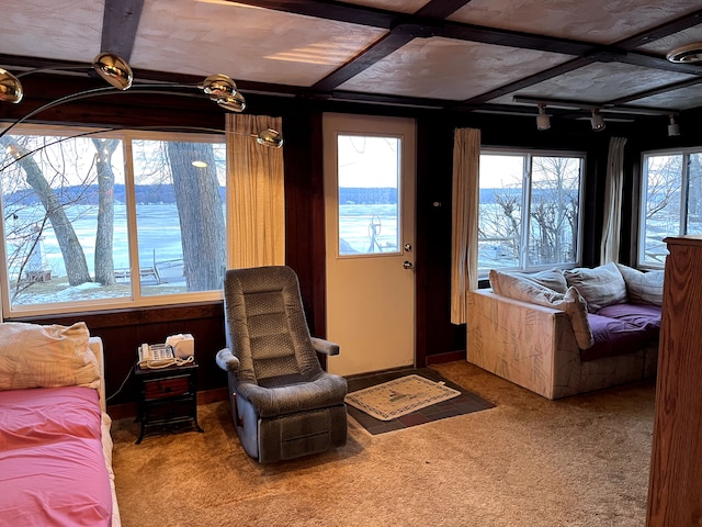 interior space featuring carpet, coffered ceiling, and beamed ceiling