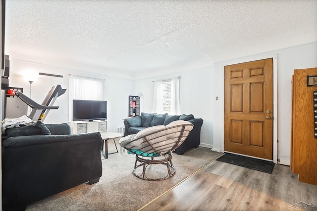 living room featuring hardwood / wood-style flooring and a textured ceiling