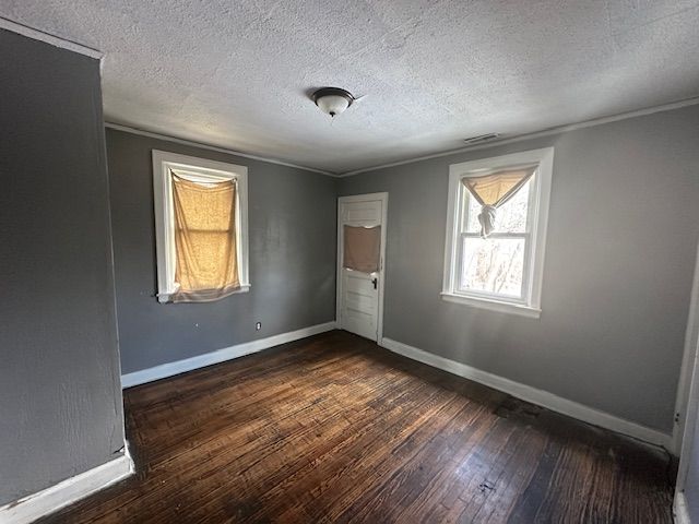 spare room with dark hardwood / wood-style flooring, crown molding, and a textured ceiling