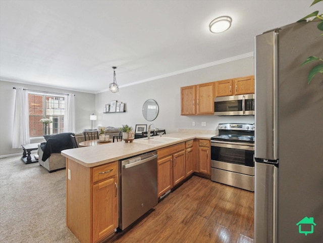 kitchen featuring kitchen peninsula, stainless steel appliances, decorative light fixtures, sink, and ornamental molding